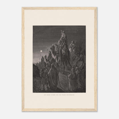 Reproduction planche La pêche miraculeuse de Gustave Doré (29,7x42 cm (A3) / Cadre bois clair). Gravure de Gustave Doré illustrant la pêche miraculeuse, où Jésus se tient au bord de l'eau et des pêcheurs retirent un filet rempli de poissons.