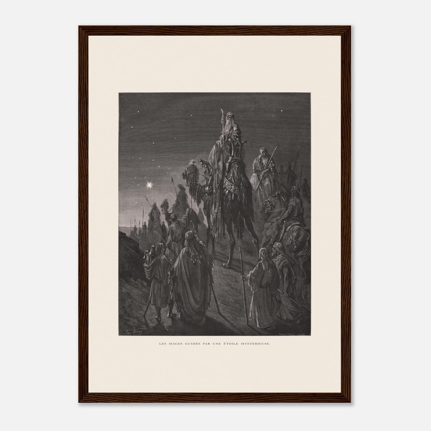 Reproduction planche La pêche miraculeuse de Gustave Doré (29,7x42 cm (A3) / Cadre bois foncé). Gravure de Gustave Doré illustrant la pêche miraculeuse, où Jésus se tient au bord de l'eau et des pêcheurs retirent un filet rempli de poissons.