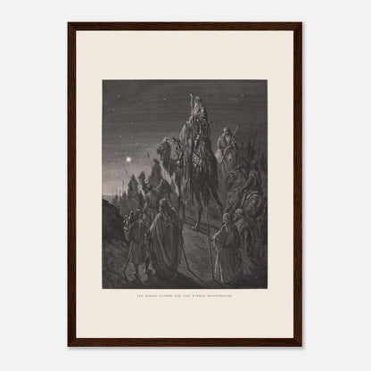 Reproduction planche La pêche miraculeuse de Gustave Doré (29,7x42 cm (A3) / Cadre bois foncé). Gravure de Gustave Doré illustrant la pêche miraculeuse, où Jésus se tient au bord de l'eau et des pêcheurs retirent un filet rempli de poissons.