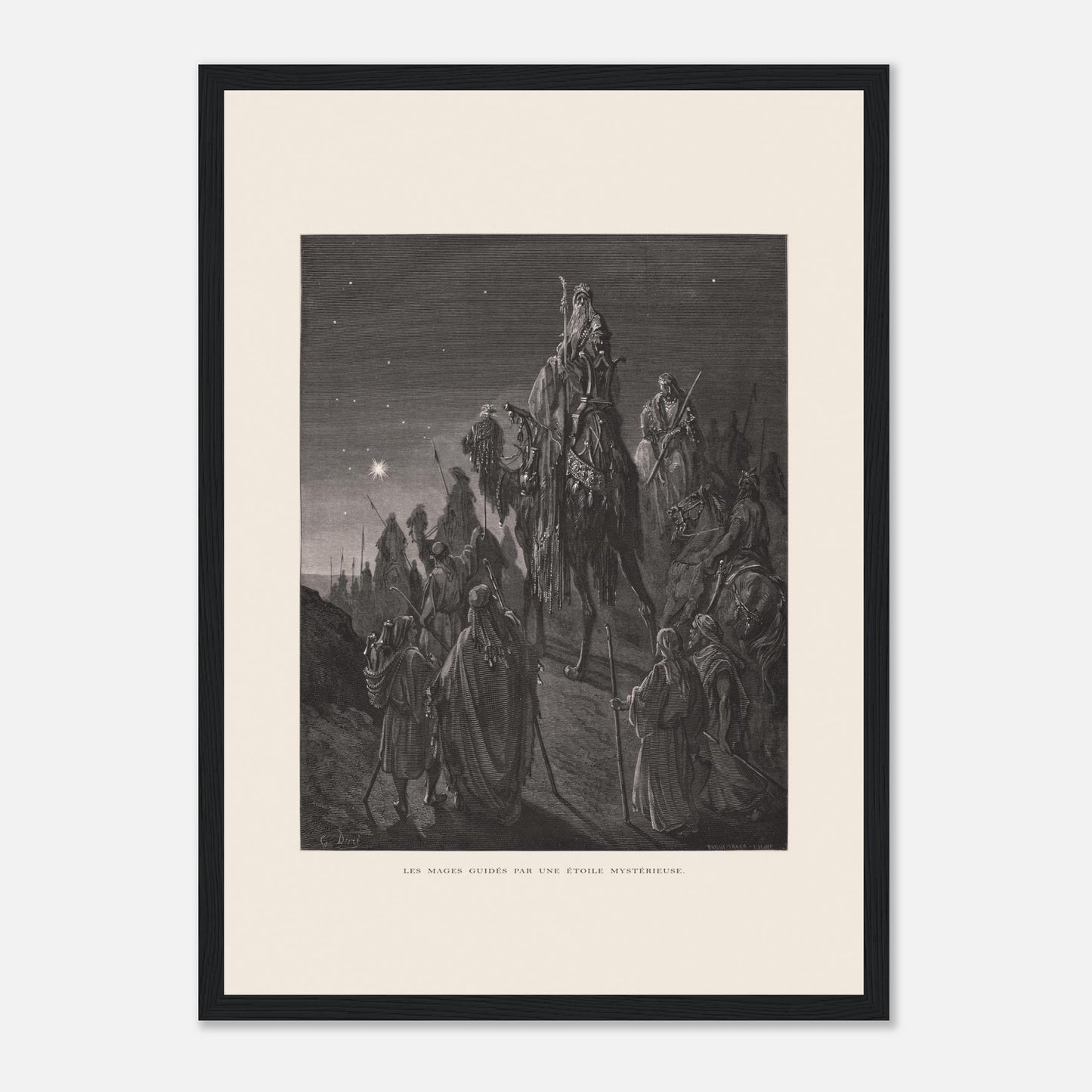 Reproduction planche La pêche miraculeuse de Gustave Doré (29,7x42 cm (A3) / Cadre noir). Gravure de Gustave Doré illustrant la pêche miraculeuse, où Jésus se tient au bord de l'eau et des pêcheurs retirent un filet rempli de poissons.