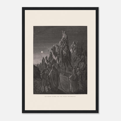 Reproduction planche La pêche miraculeuse de Gustave Doré (29,7x42 cm (A3) / Cadre noir). Gravure de Gustave Doré illustrant la pêche miraculeuse, où Jésus se tient au bord de l'eau et des pêcheurs retirent un filet rempli de poissons.
