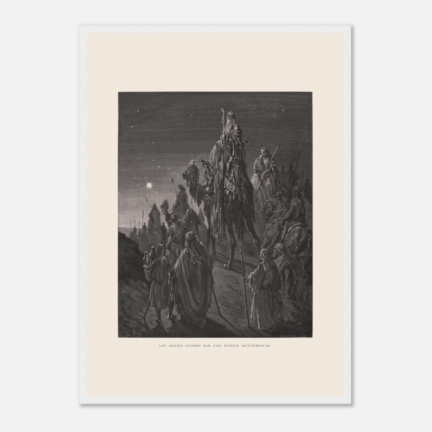 Reproduction planche La pêche miraculeuse de Gustave Doré (42x59,4 cm (A2) / Cadre blanc). Gravure de Gustave Doré illustrant la pêche miraculeuse, où Jésus se tient au bord de l'eau et des pêcheurs retirent un filet rempli de poissons.