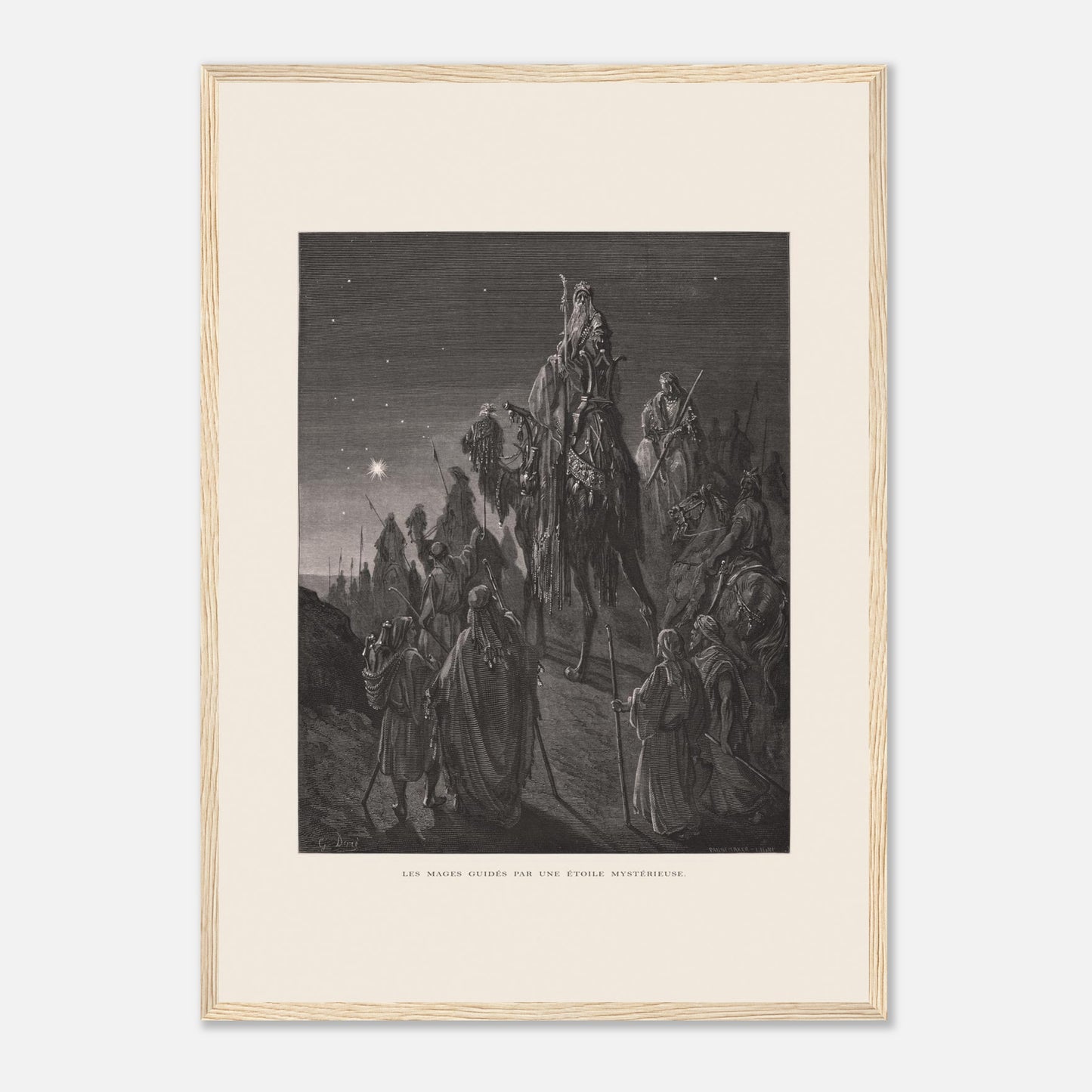 Reproduction planche La pêche miraculeuse de Gustave Doré (42x59,4 cm (A2) / Cadre bois clair). Gravure de Gustave Doré illustrant la pêche miraculeuse, où Jésus se tient au bord de l'eau et des pêcheurs retirent un filet rempli de poissons.