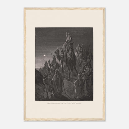 Reproduction planche La pêche miraculeuse de Gustave Doré (42x59,4 cm (A2) / Cadre bois clair). Gravure de Gustave Doré illustrant la pêche miraculeuse, où Jésus se tient au bord de l'eau et des pêcheurs retirent un filet rempli de poissons.