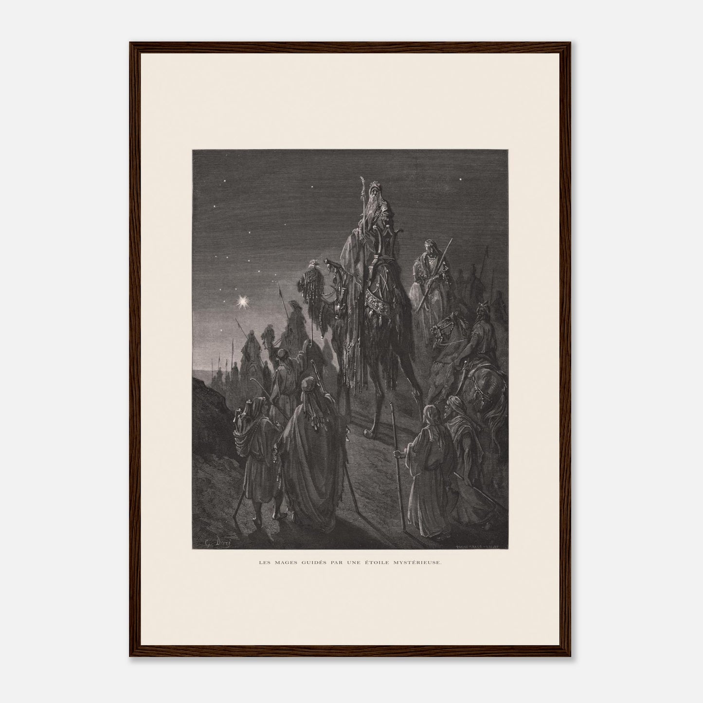 Reproduction planche La pêche miraculeuse de Gustave Doré (42x59,4 cm (A2) / Cadre bois foncé). Gravure de Gustave Doré illustrant la pêche miraculeuse, où Jésus se tient au bord de l'eau et des pêcheurs retirent un filet rempli de poissons.