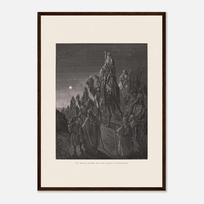 Reproduction planche La pêche miraculeuse de Gustave Doré (42x59,4 cm (A2) / Cadre bois foncé). Gravure de Gustave Doré illustrant la pêche miraculeuse, où Jésus se tient au bord de l'eau et des pêcheurs retirent un filet rempli de poissons.