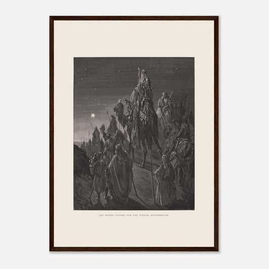 Reproduction planche La pêche miraculeuse de Gustave Doré (42x59,4 cm (A2) / Cadre bois foncé). Gravure de Gustave Doré illustrant la pêche miraculeuse, où Jésus se tient au bord de l'eau et des pêcheurs retirent un filet rempli de poissons.