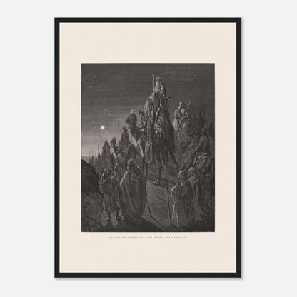 Reproduction planche La pêche miraculeuse de Gustave Doré (42x59,4 cm (A2) / Cadre noir). Gravure de Gustave Doré illustrant la pêche miraculeuse, où Jésus se tient au bord de l'eau et des pêcheurs retirent un filet rempli de poissons.