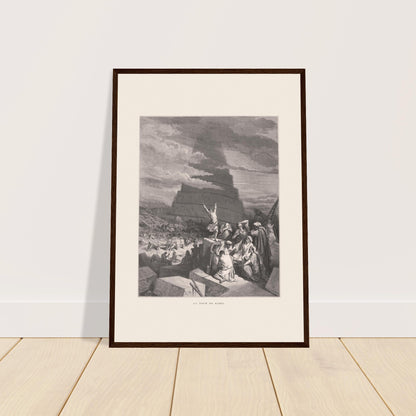 La Tour de Babel, planche illustrée par Gustave Doré (1866). Gravure ancienne représentant la Tour de Babel, avec une foule de personnes assemblées devant une immense structure en spirale en construction, sous un ciel nuageux.
