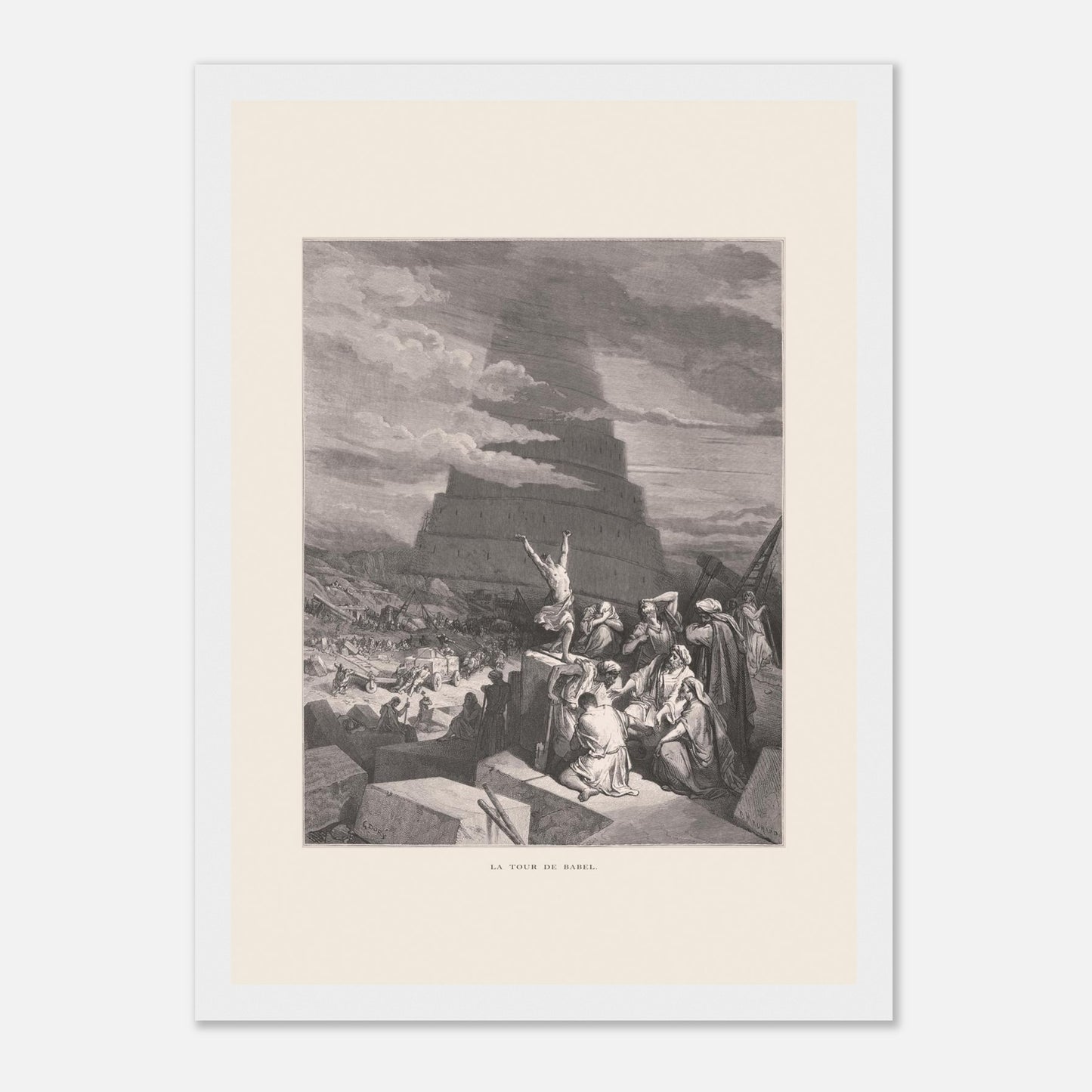 La Tour de Babel, planche illustrée par Gustave Doré (1866) (21x29.7 cm / 8x12" / Poster premium en papier mat encadré en bois / Cadre blanc). Gravure ancienne représentant la Tour de Babel, avec une foule de personnes assemblées devant une immense structure en spirale en construction, sous un ciel nuageux.