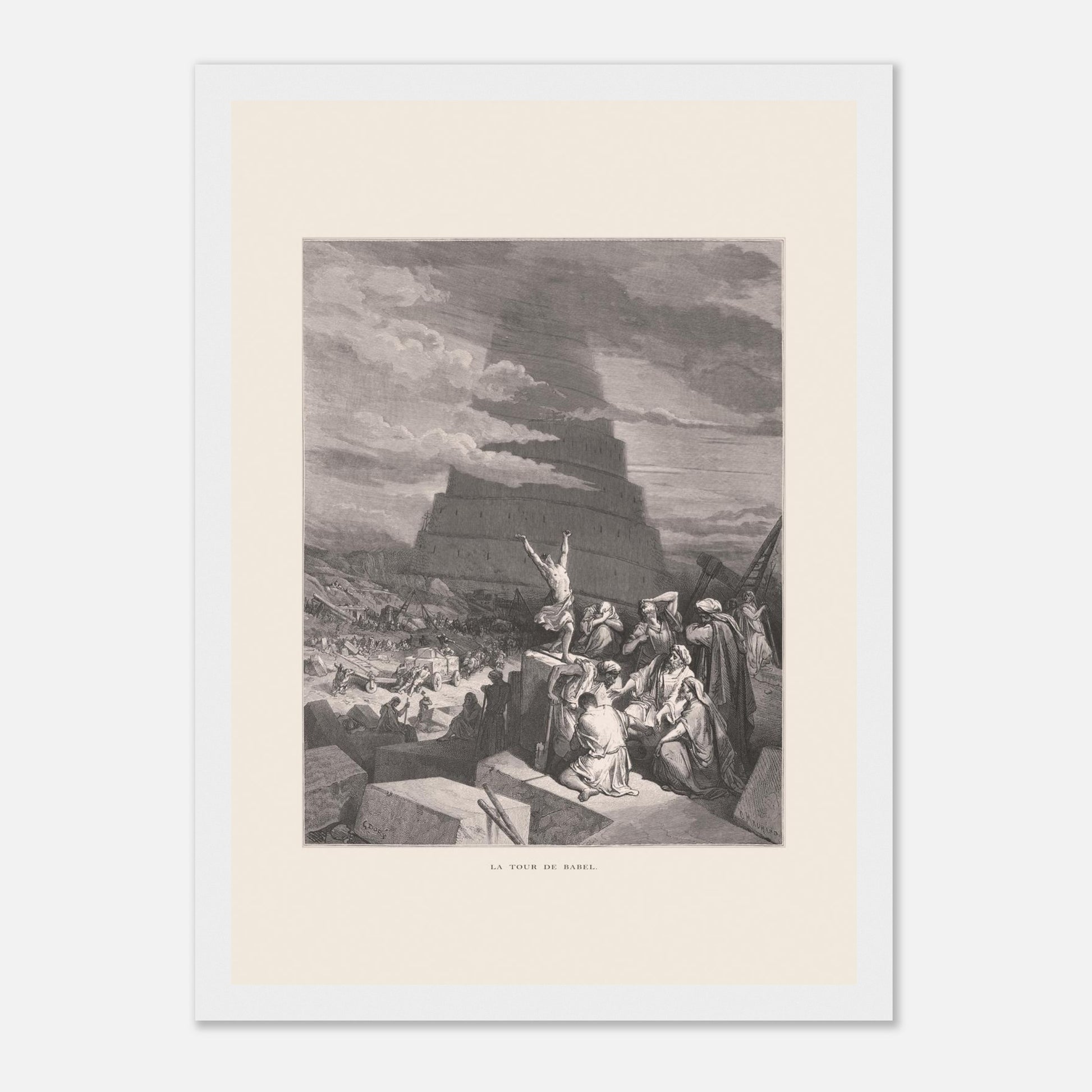 La Tour de Babel, planche illustrée par Gustave Doré (1866) (21x29.7 cm / 8x12" / Poster premium en papier mat encadré en bois / Cadre blanc). Gravure ancienne représentant la Tour de Babel, avec une foule de personnes assemblées devant une immense structure en spirale en construction, sous un ciel nuageux.