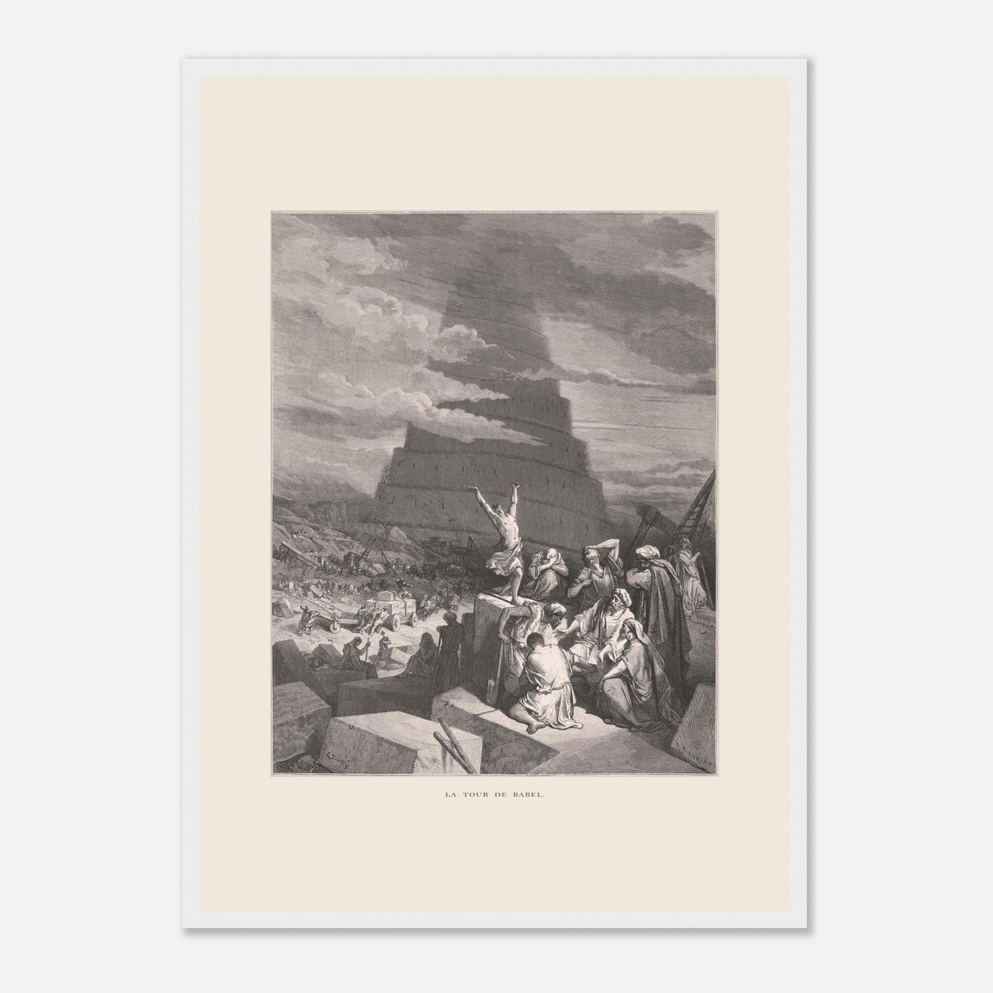 La Tour de Babel, planche illustrée par Gustave Doré (1866) (A2 (42 x 59.4  cm) / Poster premium en papier mat encadré en bois / Cadre blanc). Gravure ancienne représentant la Tour de Babel, avec une foule de personnes assemblées devant une immense structure en spirale en construction, sous un ciel nuageux.