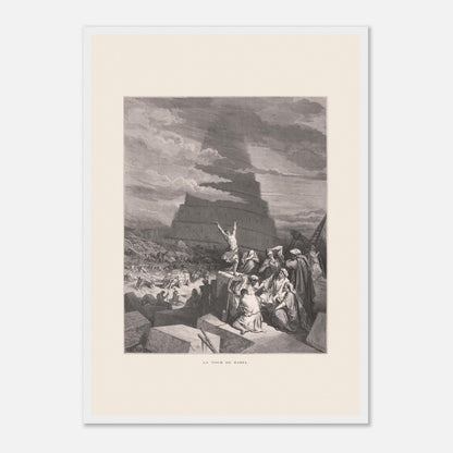 La Tour de Babel, planche illustrée par Gustave Doré (1866) (A2 (42 x 59.4  cm) / Poster premium en papier mat encadré en bois / Cadre blanc). Gravure ancienne représentant la Tour de Babel, avec une foule de personnes assemblées devant une immense structure en spirale en construction, sous un ciel nuageux.