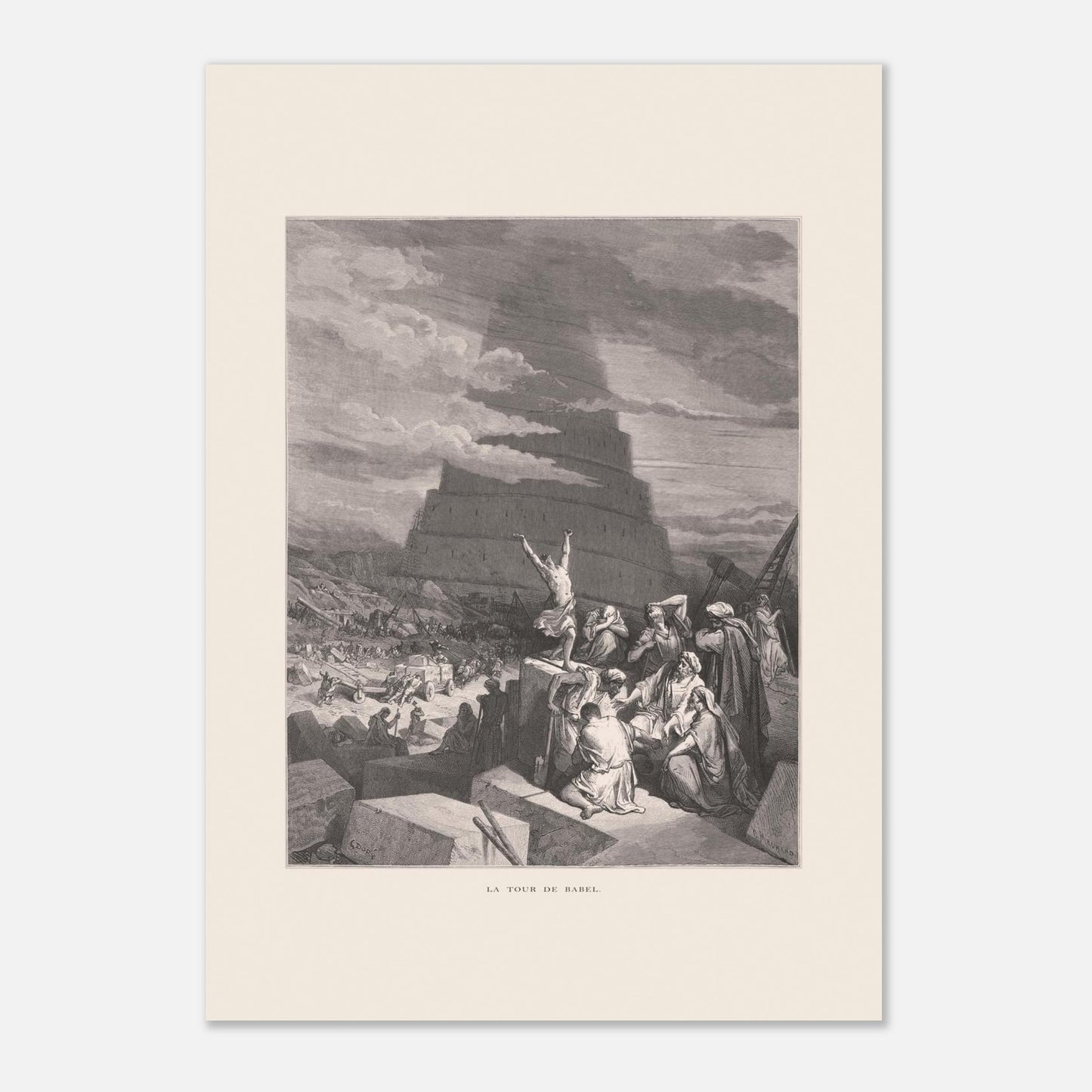 La Tour de Babel, planche illustrée par Gustave Doré (1866) (A3 (29.7 x 42  cm) / Poster premium en papier mat / -). Gravure ancienne représentant la Tour de Babel, avec une foule de personnes assemblées devant une immense structure en spirale en construction, sous un ciel nuageux.