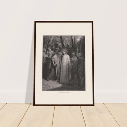 Der Judaskuss — Stich von Gustave Doré (1866). Stich von Gustave Dore, der den Judasbeispruch illustriert, eine Szene, in der Judas Iskariot Jesus inmitten einer Menge in einer dunklen, bewaldeten Umgebung, beleuchtet von einer Laterne, küsst.