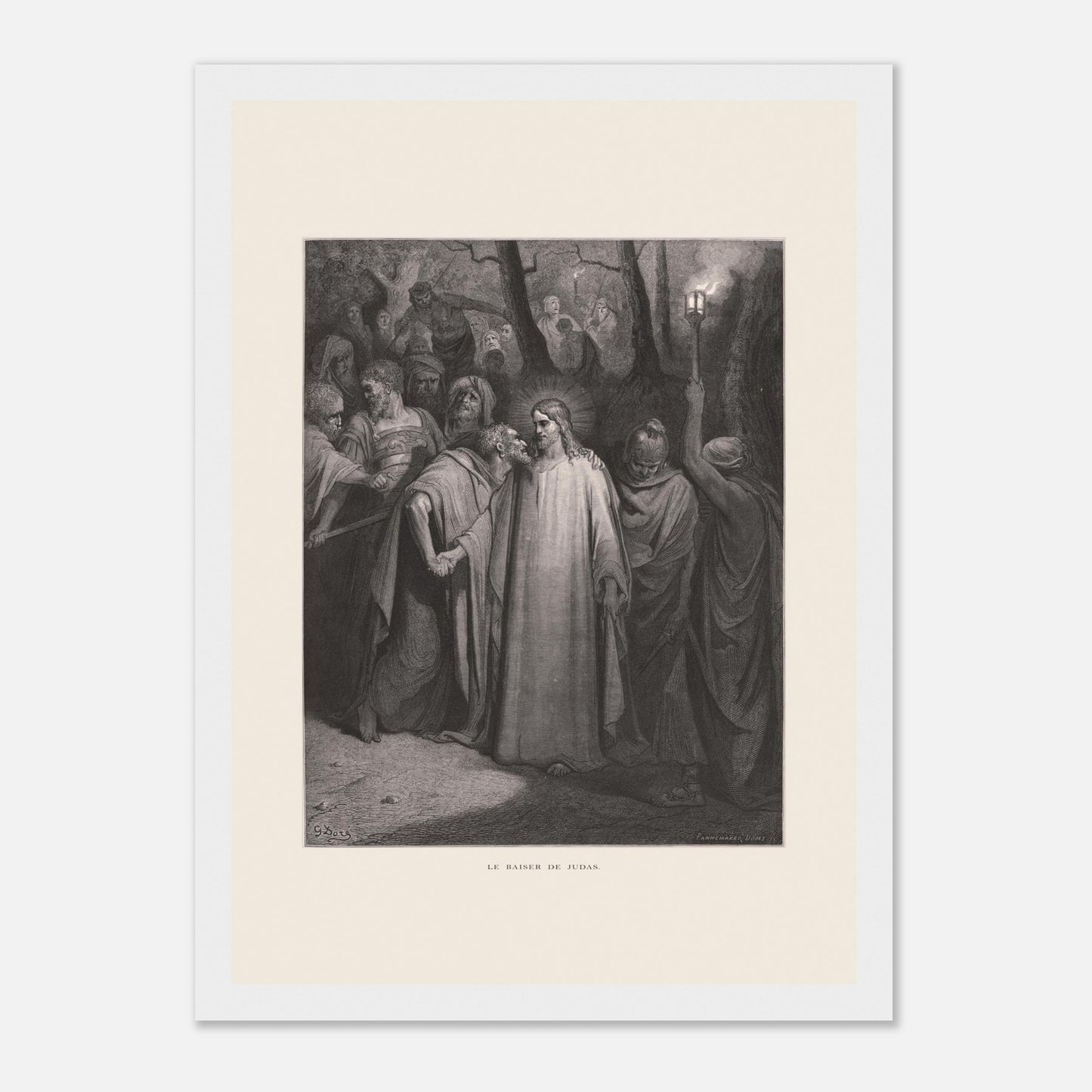 Le Baiser de Judas — Estampe de Gustave Doré (1866) (21x29,7 cm (A4) / Cadre blanc). Gravure de Gustave Doré illustrant le Baiser de Judas, scène où Judas Iscariote embrasse Jésus au milieu d'une foule dans un décor sombre et boisé, éclairé par une lanterne.