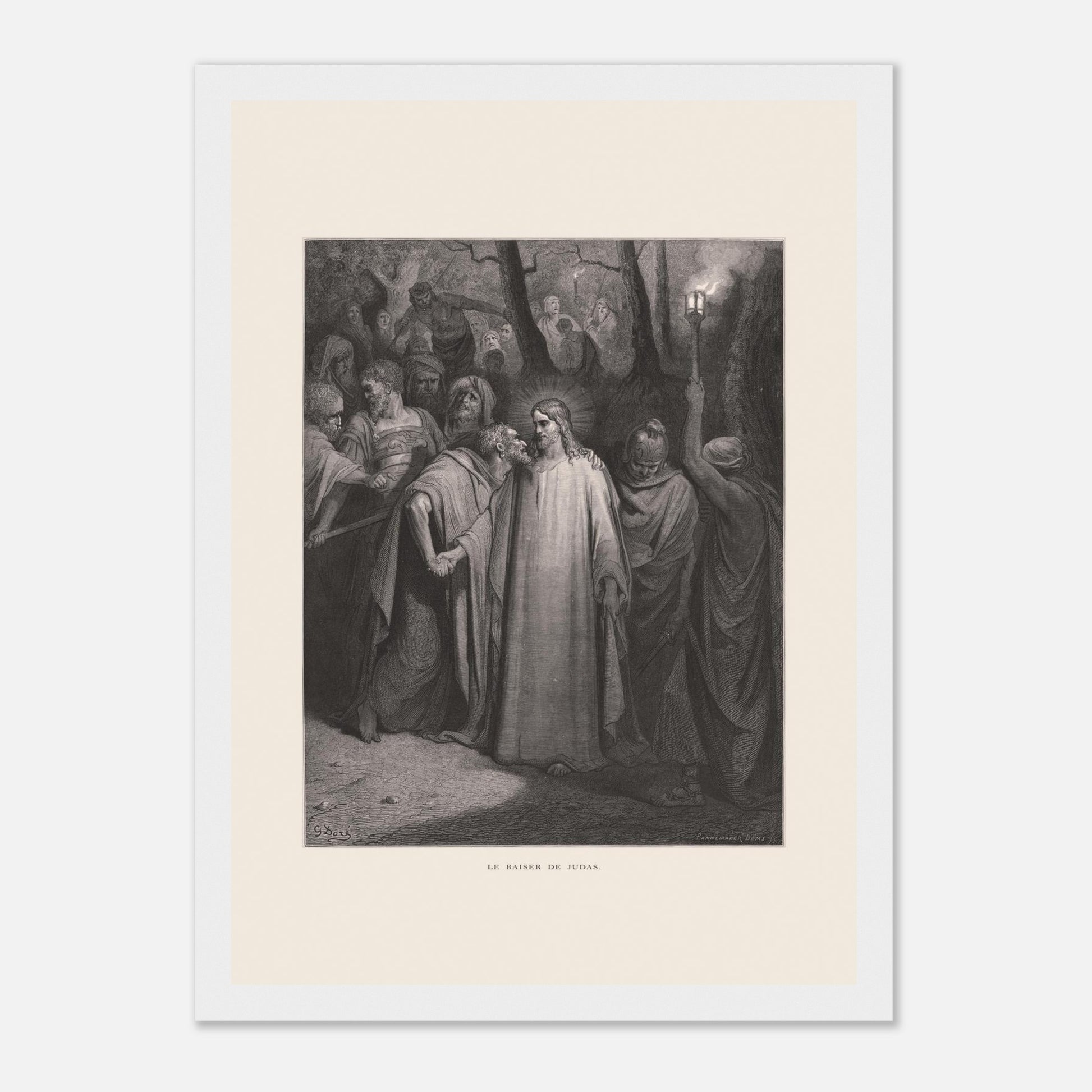 Le Baiser de Judas — Estampe de Gustave Doré (1866) (21x29,7 cm (A4) / Cadre blanc). Gravure de Gustave Doré illustrant le Baiser de Judas, scène où Judas Iscariote embrasse Jésus au milieu d'une foule dans un décor sombre et boisé, éclairé par une lanterne.