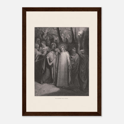 Le Baiser de Judas — Estampe de Gustave Doré (1866) (21x29,7 cm (A4) / Cadre bois foncé). Gravure de Gustave Doré illustrant le Baiser de Judas, scène où Judas Iscariote embrasse Jésus au milieu d'une foule dans un décor sombre et boisé, éclairé par une lanterne.