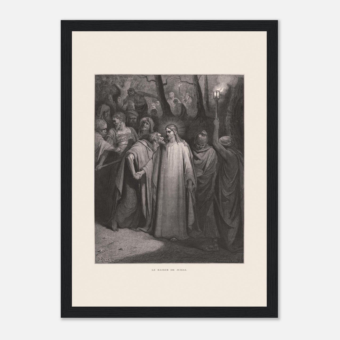Le Baiser de Judas — Estampe de Gustave Doré (1866) (21x29,7 cm (A4) / Cadre noir). Gravure de Gustave Doré illustrant le Baiser de Judas, scène où Judas Iscariote embrasse Jésus au milieu d'une foule dans un décor sombre et boisé, éclairé par une lanterne.