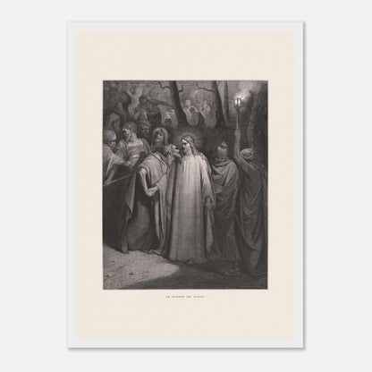 Le Baiser de Judas — Estampe de Gustave Doré (1866) (29,7x42 cm (A3) / Cadre blanc). Gravure de Gustave Doré illustrant le Baiser de Judas, scène où Judas Iscariote embrasse Jésus au milieu d'une foule dans un décor sombre et boisé, éclairé par une lanterne.