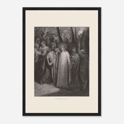 Le Baiser de Judas — Estampe de Gustave Doré (1866) (29,7x42 cm (A3) / Cadre noir). Gravure de Gustave Doré illustrant le Baiser de Judas, scène où Judas Iscariote embrasse Jésus au milieu d'une foule dans un décor sombre et boisé, éclairé par une lanterne.