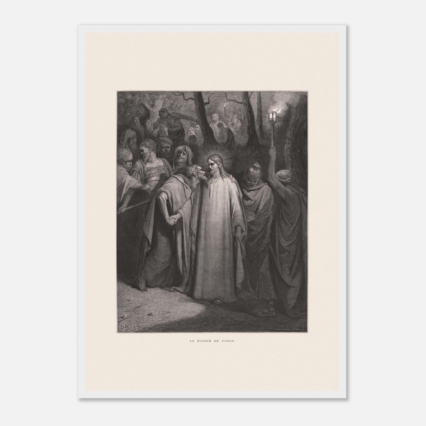 Le Baiser de Judas — Estampe de Gustave Doré (1866) (42x59,4 cm (A2) / Cadre blanc). Gravure de Gustave Doré illustrant le Baiser de Judas, scène où Judas Iscariote embrasse Jésus au milieu d'une foule dans un décor sombre et boisé, éclairé par une lanterne.
