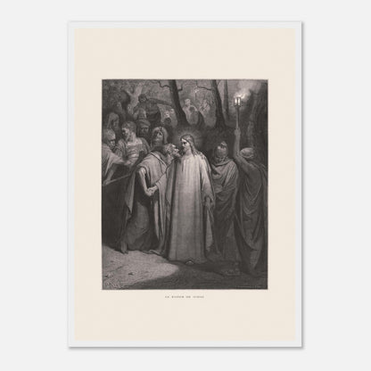 Le Baiser de Judas — Estampe de Gustave Doré (1866) (42x59,4 cm (A2) / Cadre blanc). Gravure de Gustave Doré illustrant le Baiser de Judas, scène où Judas Iscariote embrasse Jésus au milieu d'une foule dans un décor sombre et boisé, éclairé par une lanterne.