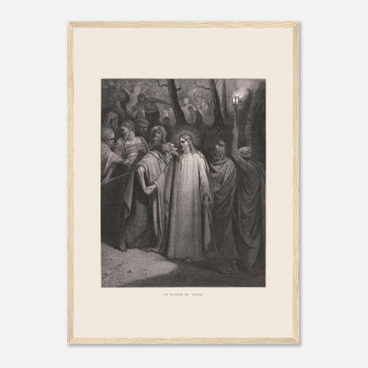 Le Baiser de Judas — Estampe de Gustave Doré (1866) (42x59,4 cm (A2) / Cadre bois clair). Gravure de Gustave Doré illustrant le Baiser de Judas, scène où Judas Iscariote embrasse Jésus au milieu d'une foule dans un décor sombre et boisé, éclairé par une lanterne.