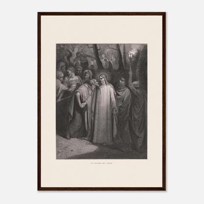 Le Baiser de Judas — Estampe de Gustave Doré (1866) (42x59,4 cm (A2) / Cadre bois foncé). Gravure de Gustave Doré illustrant le Baiser de Judas, scène où Judas Iscariote embrasse Jésus au milieu d'une foule dans un décor sombre et boisé, éclairé par une lanterne.