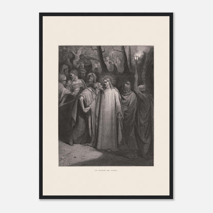 Le Baiser de Judas — Estampe de Gustave Doré (1866) (42x59,4 cm (A2) / Cadre noir). Gravure de Gustave Doré illustrant le Baiser de Judas, scène où Judas Iscariote embrasse Jésus au milieu d'une foule dans un décor sombre et boisé, éclairé par une lanterne.