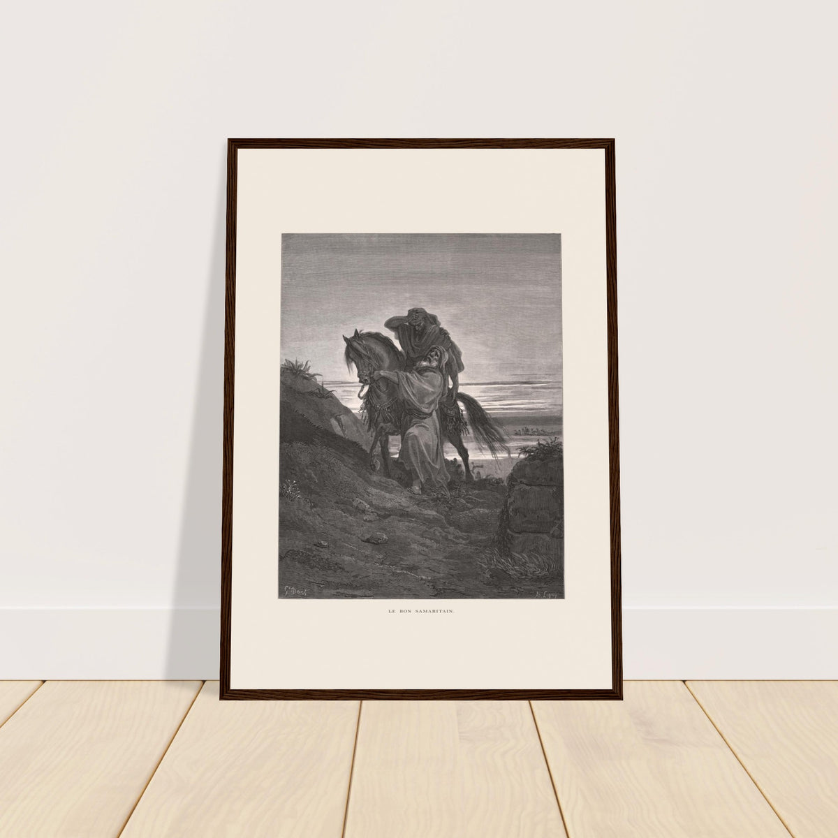 Le Bon Samaritain sur la route – Gravure de Gustave Doré. Œuvre de Gustave Doré représentant le Bon Samaritain, où un homme à cheval aide un blessé sur une route rocailleuse.