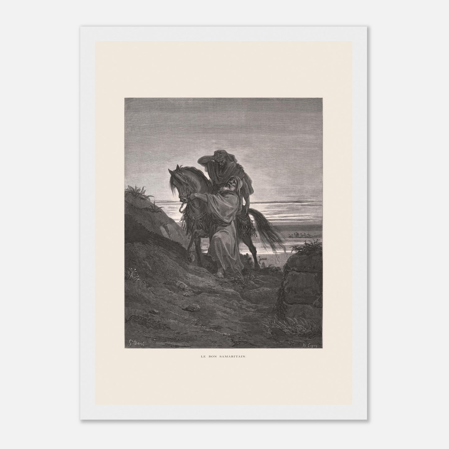Le Bon Samaritain sur la route – Gravure de Gustave Doré (21x29,7 cm (A4) / Cadre blanc). Œuvre de Gustave Doré représentant le Bon Samaritain, où un homme à cheval aide un blessé sur une route rocailleuse.