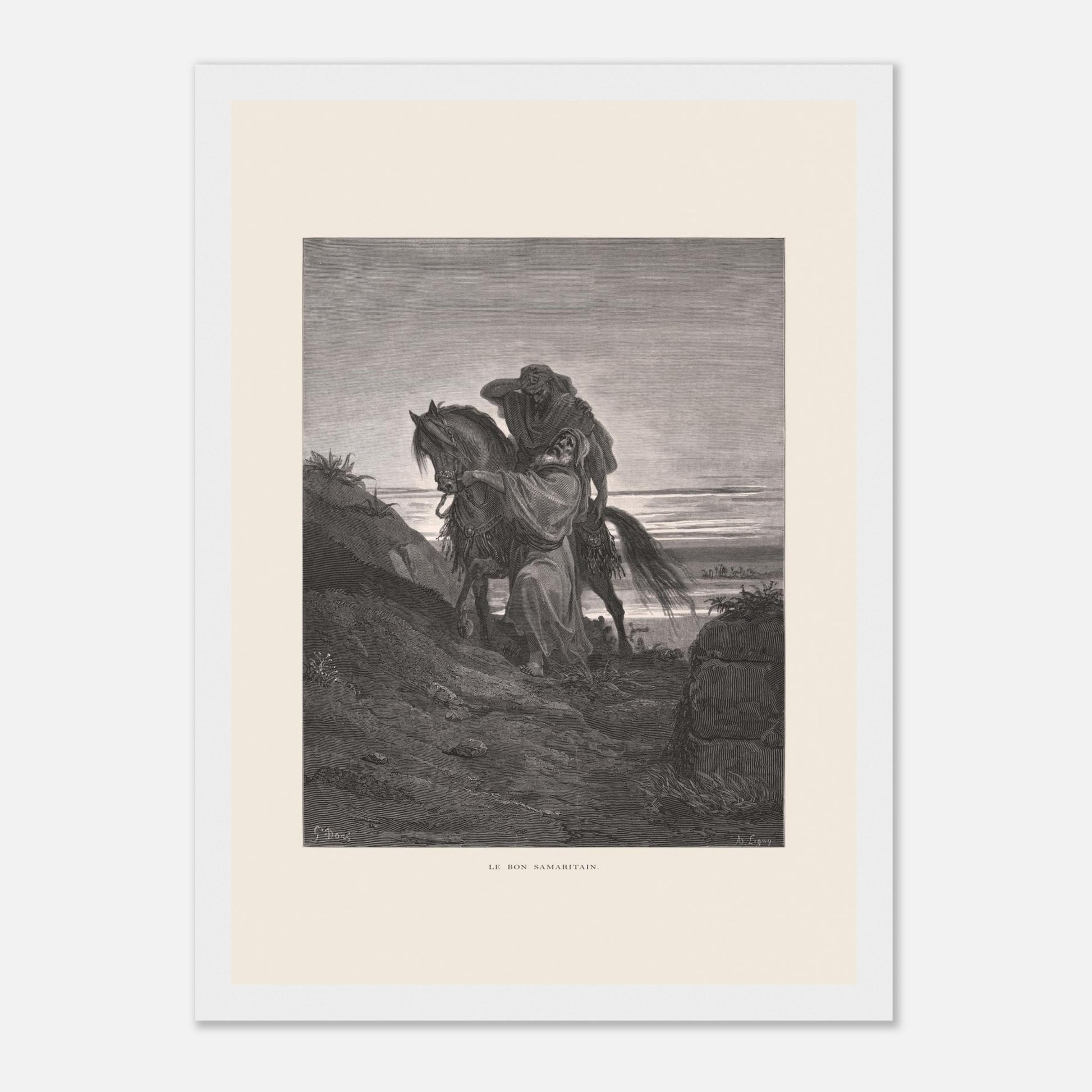 Le Bon Samaritain sur la route – Gravure de Gustave Doré (21x29,7 cm (A4) / Cadre blanc). Œuvre de Gustave Doré représentant le Bon Samaritain, où un homme à cheval aide un blessé sur une route rocailleuse.