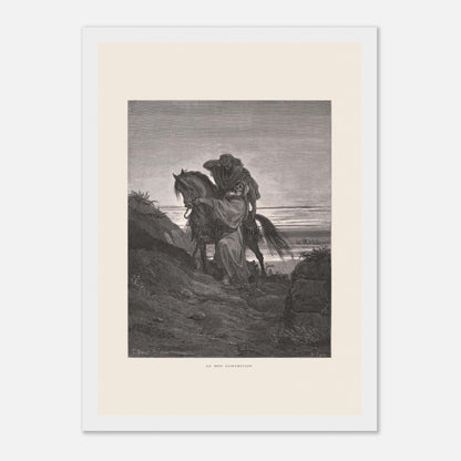 Le Bon Samaritain sur la route – Gravure de Gustave Doré (21x29,7 cm (A4) / Cadre blanc). Œuvre de Gustave Doré représentant le Bon Samaritain, où un homme à cheval aide un blessé sur une route rocailleuse.