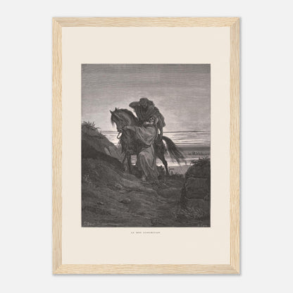 Le Bon Samaritain sur la route – Gravure de Gustave Doré (21x29,7 cm (A4) / Cadre bois clair). Œuvre de Gustave Doré représentant le Bon Samaritain, où un homme à cheval aide un blessé sur une route rocailleuse.