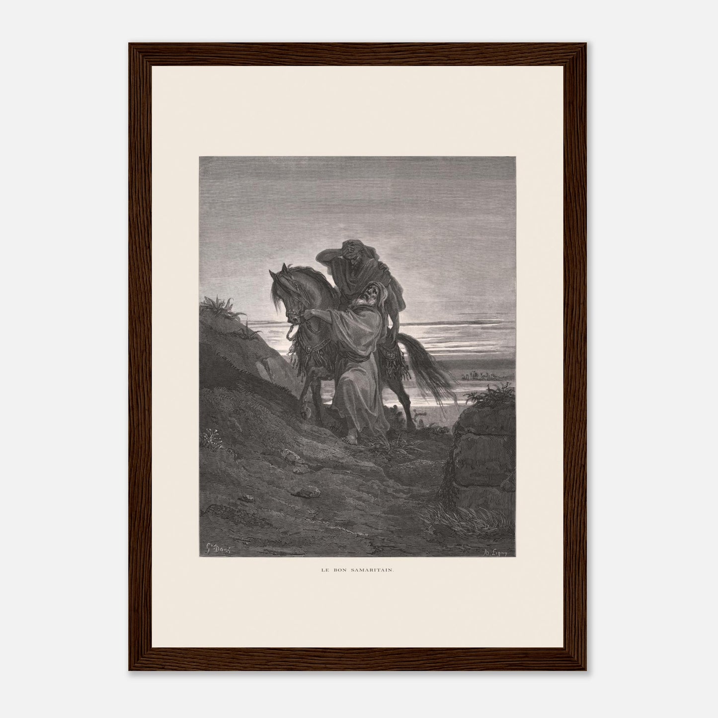 Le Bon Samaritain sur la route – Gravure de Gustave Doré (21x29,7 cm (A4) / Cadre bois foncé). Œuvre de Gustave Doré représentant le Bon Samaritain, où un homme à cheval aide un blessé sur une route rocailleuse.