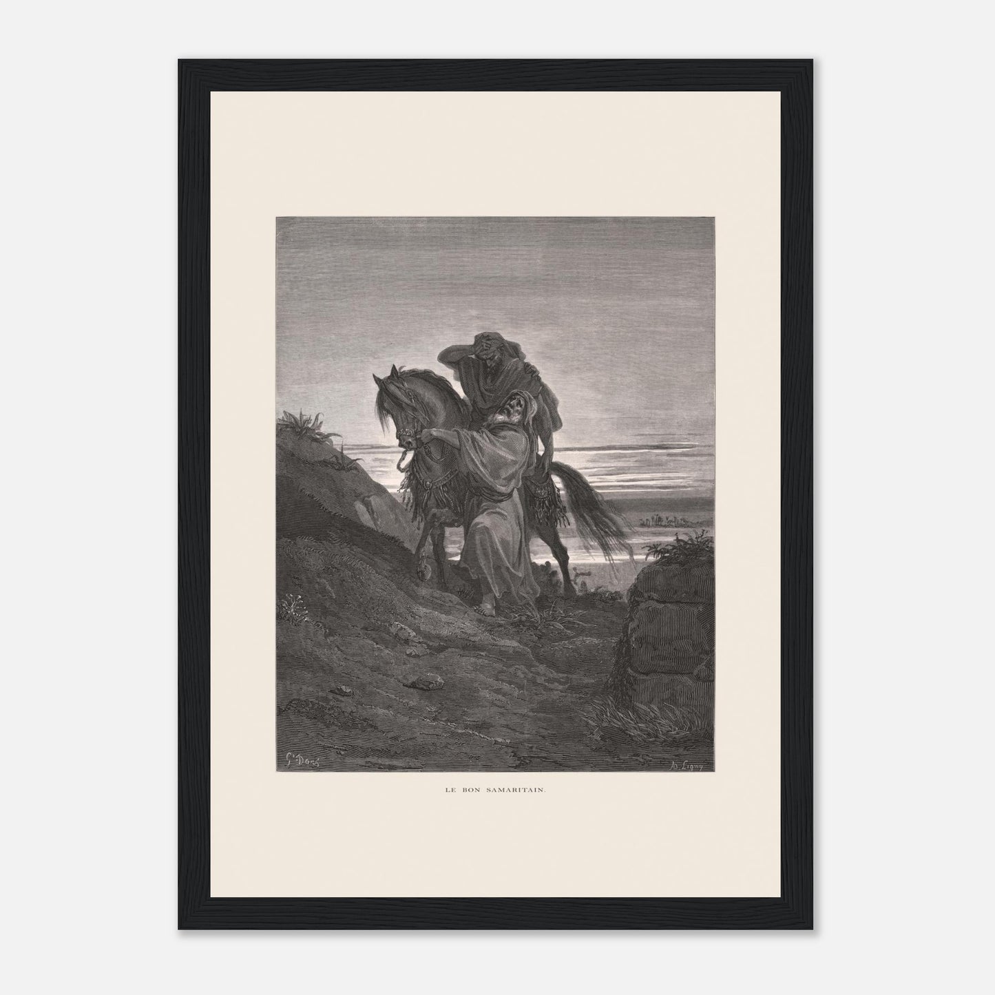 Le Bon Samaritain sur la route – Gravure de Gustave Doré (21x29,7 cm (A4) / Cadre noir). Œuvre de Gustave Doré représentant le Bon Samaritain, où un homme à cheval aide un blessé sur une route rocailleuse.