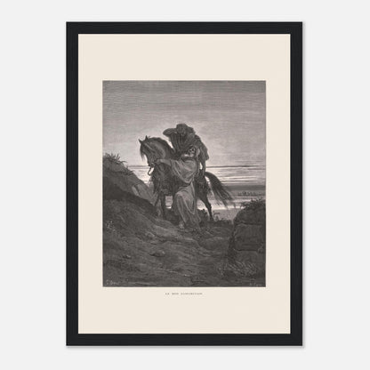 Le Bon Samaritain sur la route – Gravure de Gustave Doré (21x29,7 cm (A4) / Cadre noir). Œuvre de Gustave Doré représentant le Bon Samaritain, où un homme à cheval aide un blessé sur une route rocailleuse.