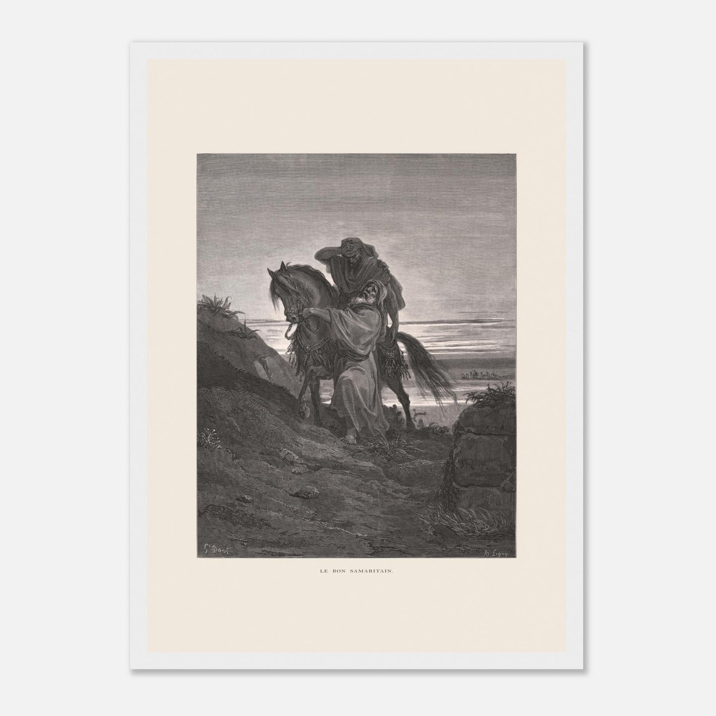 Le Bon Samaritain sur la route – Gravure de Gustave Doré (29,7x42 cm (A3) / Cadre blanc). Œuvre de Gustave Doré représentant le Bon Samaritain, où un homme à cheval aide un blessé sur une route rocailleuse.
