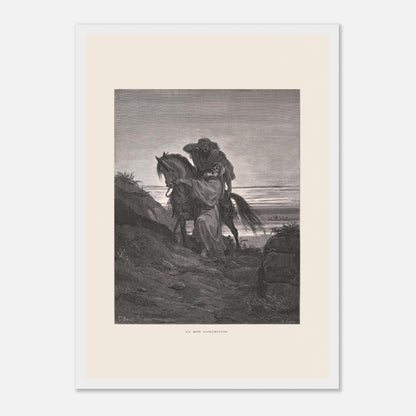 Le Bon Samaritain sur la route – Gravure de Gustave Doré (29,7x42 cm (A3) / Cadre blanc). Œuvre de Gustave Doré représentant le Bon Samaritain, où un homme à cheval aide un blessé sur une route rocailleuse.