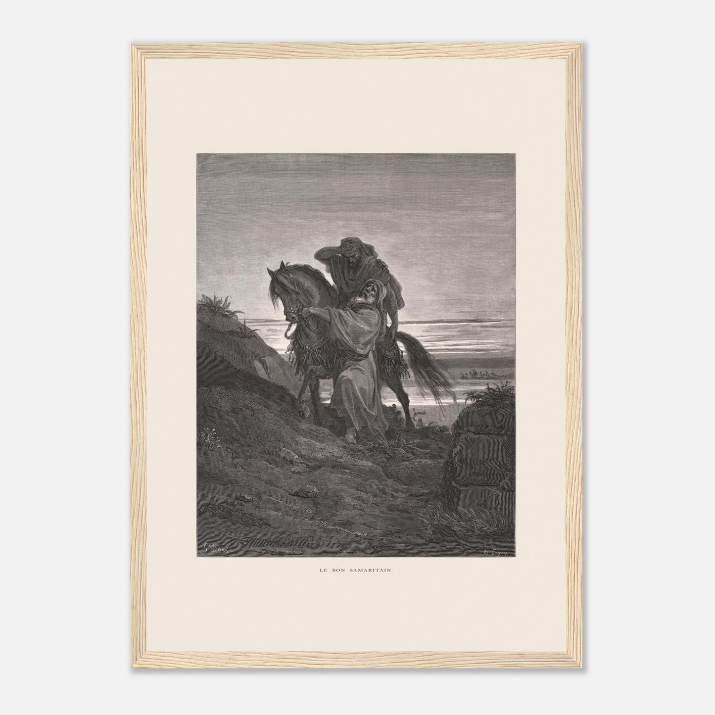 Le Bon Samaritain sur la route – Gravure de Gustave Doré (29,7x42 cm (A3) / Cadre bois clair). Œuvre de Gustave Doré représentant le Bon Samaritain, où un homme à cheval aide un blessé sur une route rocailleuse.