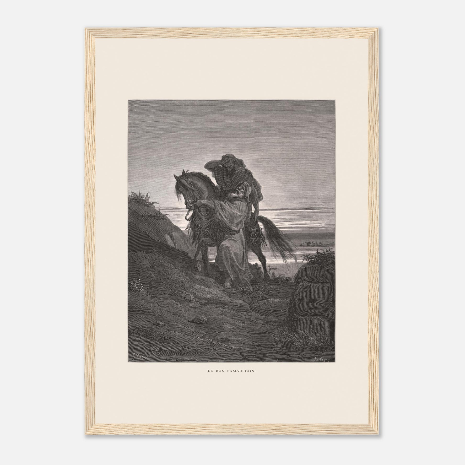 Le Bon Samaritain sur la route – Gravure de Gustave Doré (29,7x42 cm (A3) / Cadre bois clair). Œuvre de Gustave Doré représentant le Bon Samaritain, où un homme à cheval aide un blessé sur une route rocailleuse.