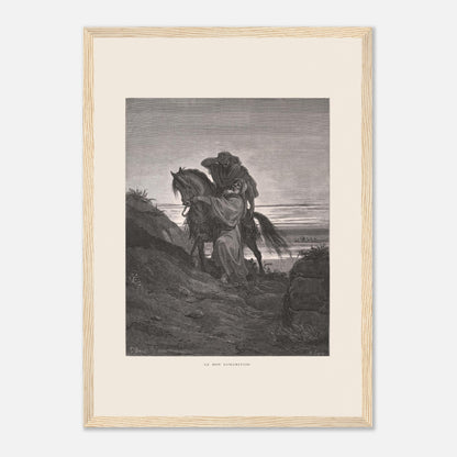 Le Bon Samaritain sur la route – Gravure de Gustave Doré (29,7x42 cm (A3) / Cadre bois clair). Œuvre de Gustave Doré représentant le Bon Samaritain, où un homme à cheval aide un blessé sur une route rocailleuse.
