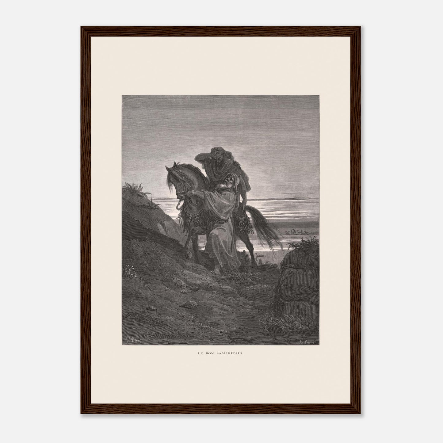 Le Bon Samaritain sur la route – Gravure de Gustave Doré (29,7x42 cm (A3) / Cadre bois foncé). Œuvre de Gustave Doré représentant le Bon Samaritain, où un homme à cheval aide un blessé sur une route rocailleuse.