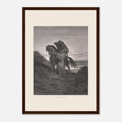 Le Bon Samaritain sur la route – Gravure de Gustave Doré (29,7x42 cm (A3) / Cadre bois foncé). Œuvre de Gustave Doré représentant le Bon Samaritain, où un homme à cheval aide un blessé sur une route rocailleuse.