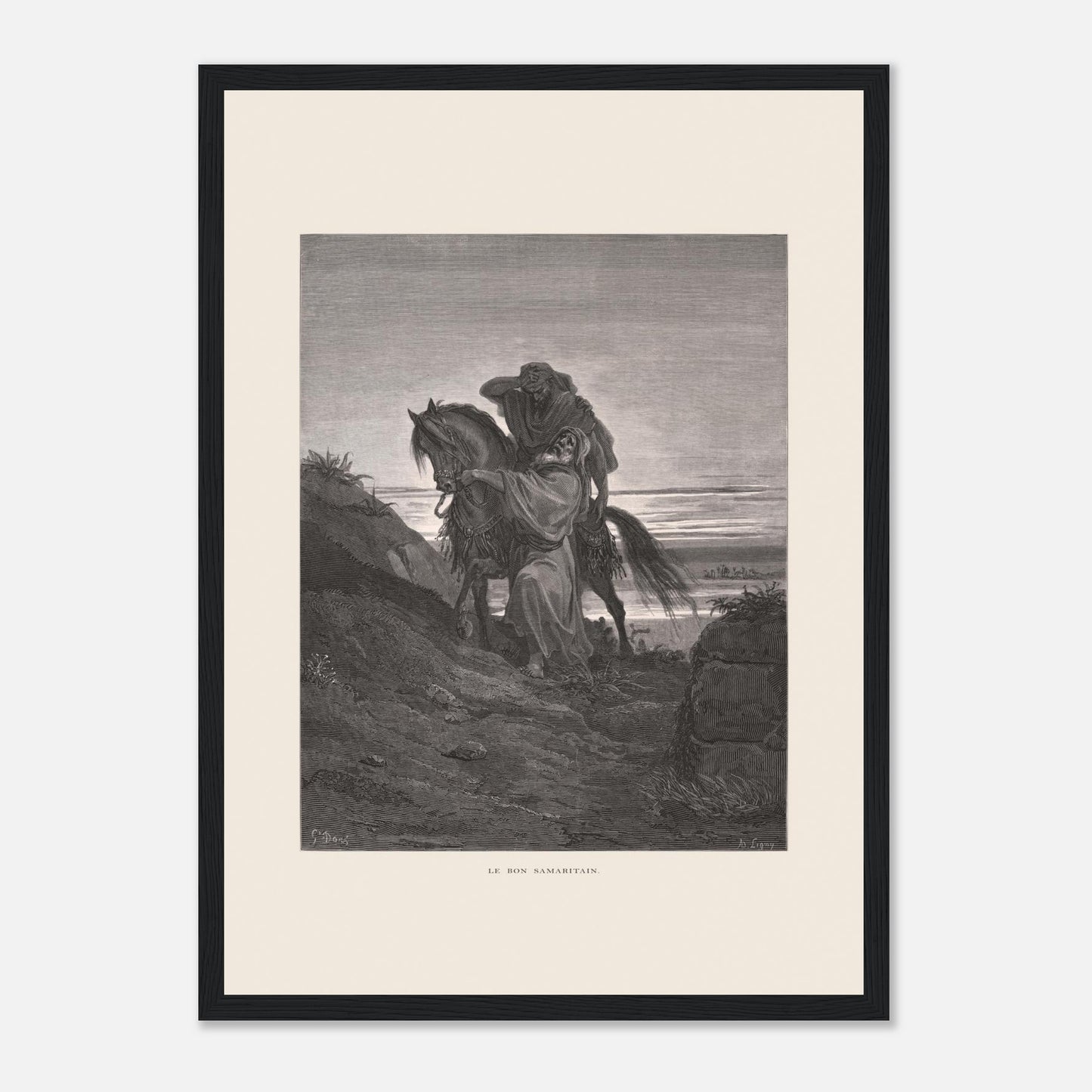Le Bon Samaritain sur la route – Gravure de Gustave Doré (29,7x42 cm (A3) / Cadre noir). Œuvre de Gustave Doré représentant le Bon Samaritain, où un homme à cheval aide un blessé sur une route rocailleuse.