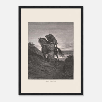 Le Bon Samaritain sur la route – Gravure de Gustave Doré (29,7x42 cm (A3) / Cadre noir). Œuvre de Gustave Doré représentant le Bon Samaritain, où un homme à cheval aide un blessé sur une route rocailleuse.