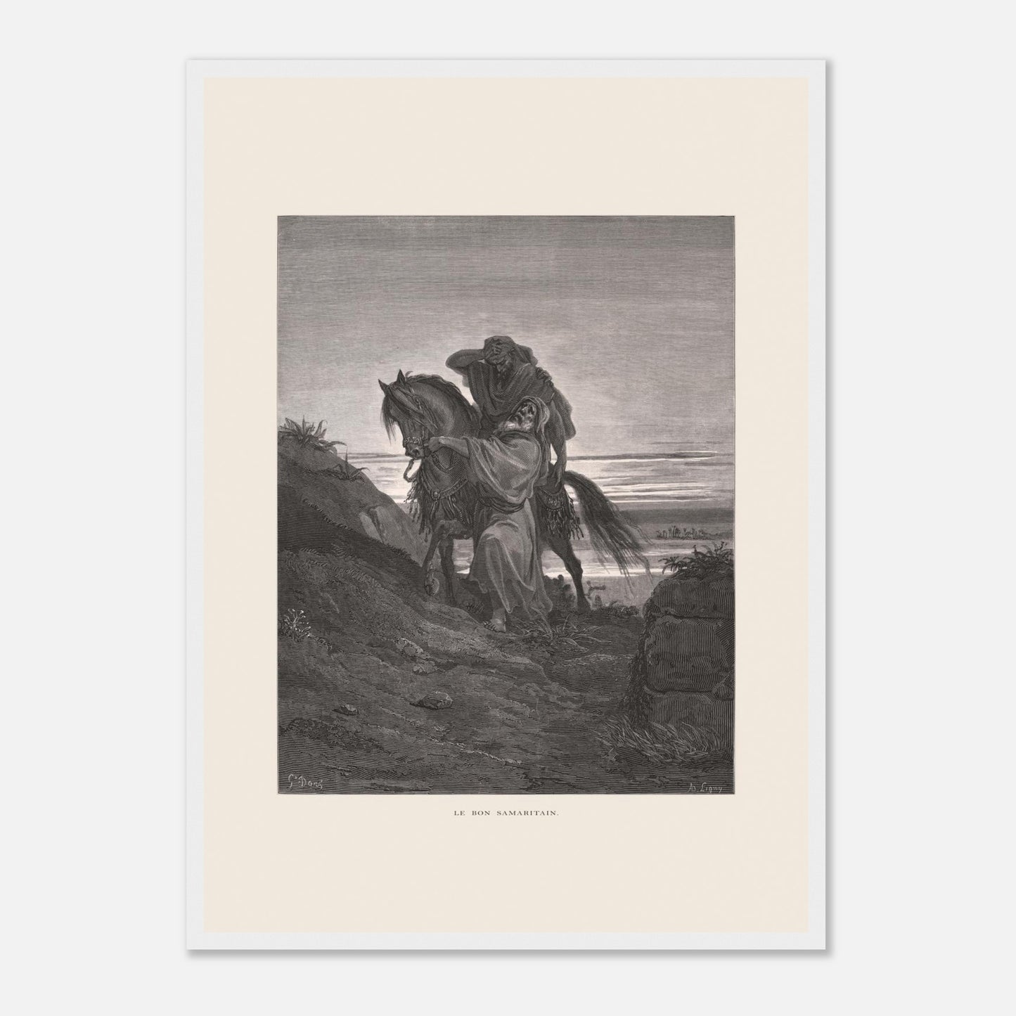 Le Bon Samaritain sur la route – Gravure de Gustave Doré (42x59,4 cm (A2) / Cadre blanc). Œuvre de Gustave Doré représentant le Bon Samaritain, où un homme à cheval aide un blessé sur une route rocailleuse.