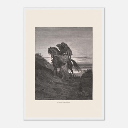 Le Bon Samaritain sur la route – Gravure de Gustave Doré (42x59,4 cm (A2) / Cadre blanc). Œuvre de Gustave Doré représentant le Bon Samaritain, où un homme à cheval aide un blessé sur une route rocailleuse.