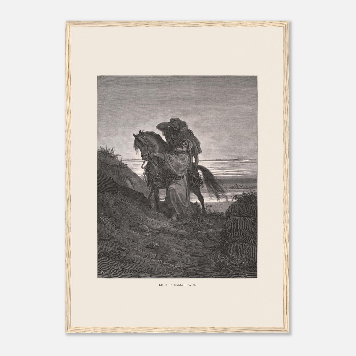 Le Bon Samaritain sur la route – Gravure de Gustave Doré (42x59,4 cm (A2) / Cadre bois clair). Œuvre de Gustave Doré représentant le Bon Samaritain, où un homme à cheval aide un blessé sur une route rocailleuse.